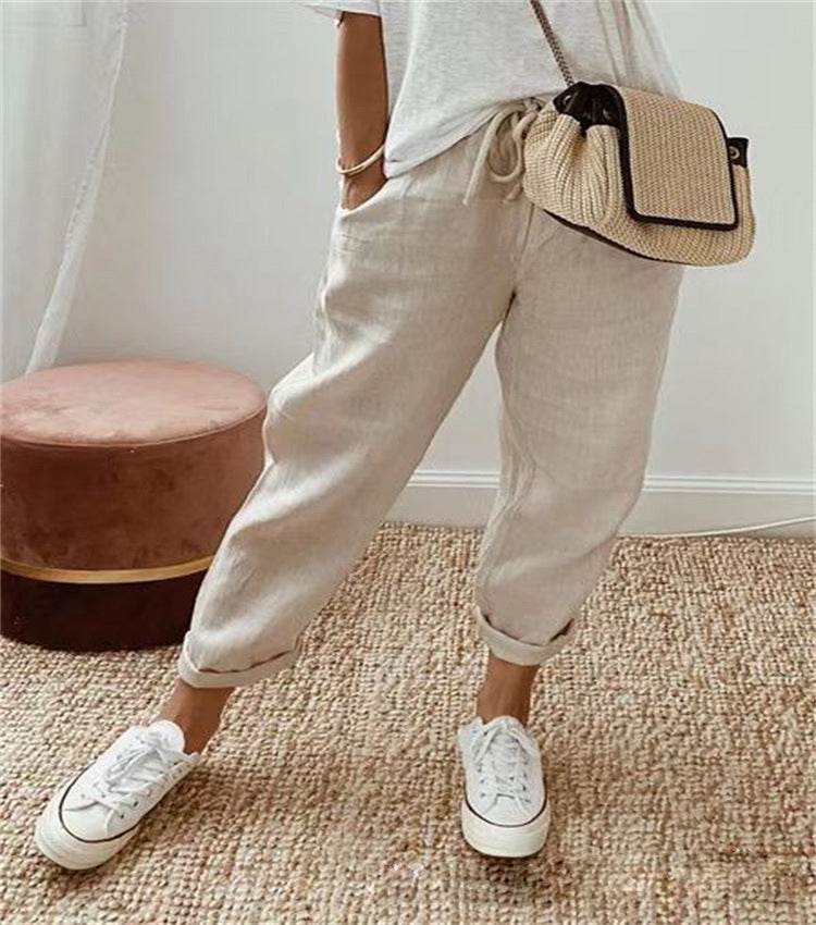 Pantalon court décontracté en coton et lin à taille élastique pour femme - Droxev