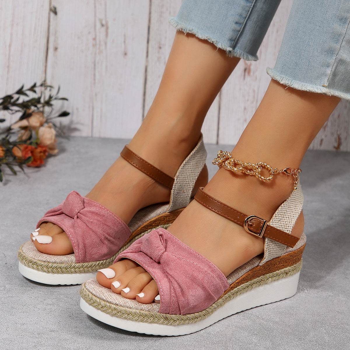 Chaussures compensées décontractées en lin à boucle pour femmes, tendance été - Droxev
