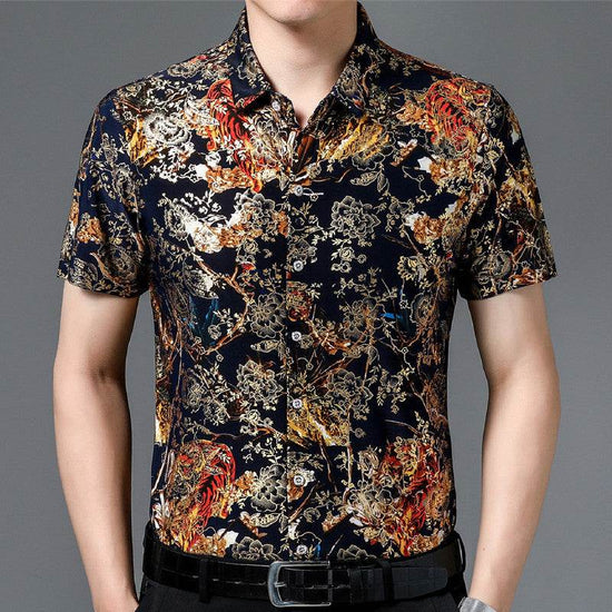 Chemise d'été imprimée à manches courtes pour homme d'âge moyen, en soie glacée extensible, pour loisirs - Droxev