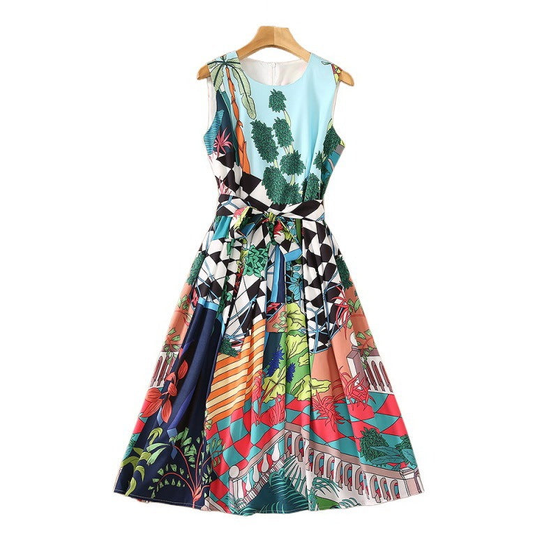 Robe imprimée verte avec ourlet plissé