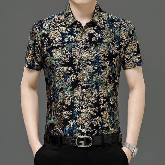 Chemise d'été imprimée à manches courtes pour homme d'âge moyen, en soie glacée extensible, pour loisirs - Droxev
