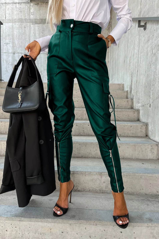 Pantalon slim en cuir PU avec poches, mode automne-hiver - Droxev