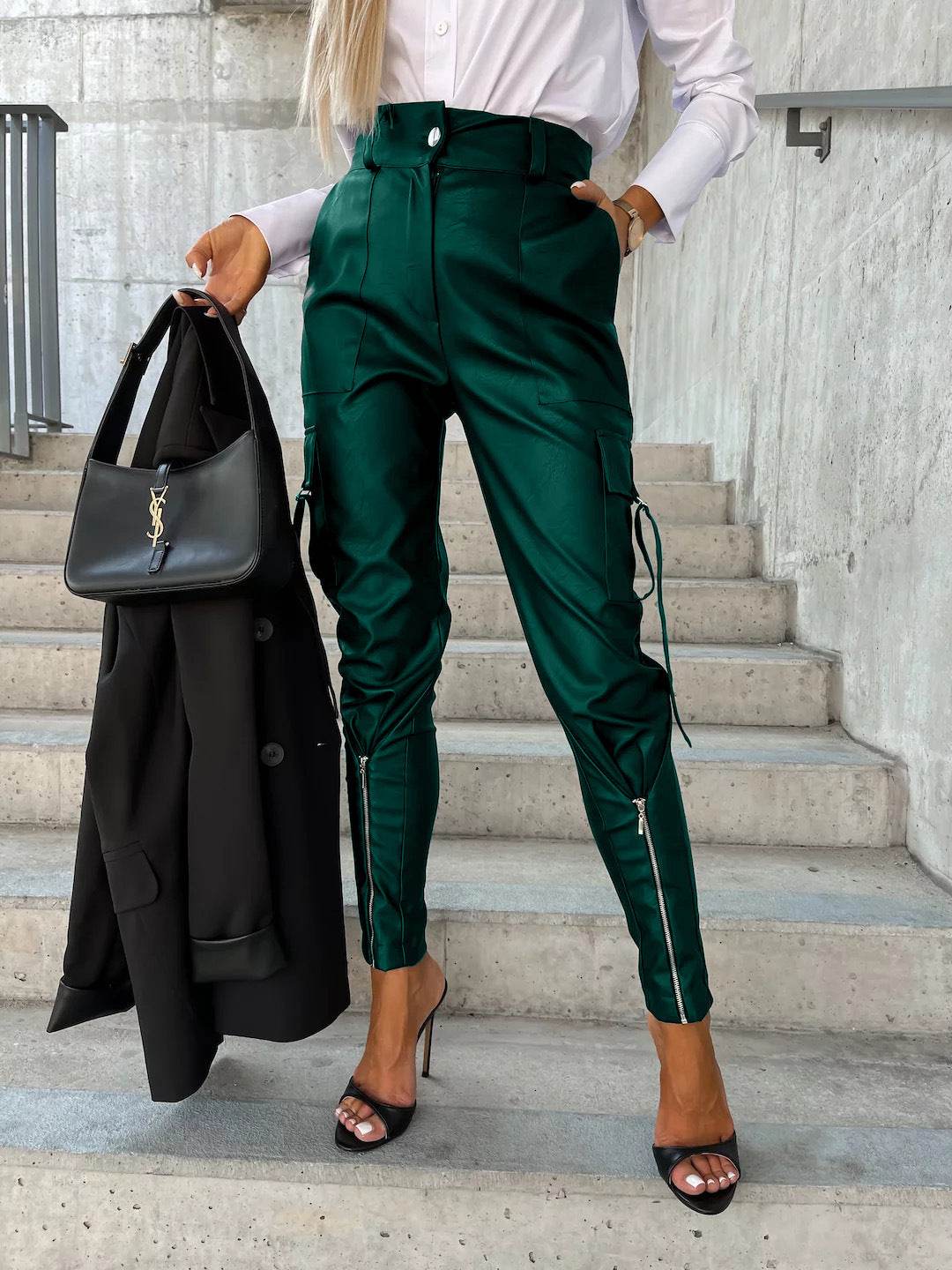 Pantalon slim en cuir PU avec poches, mode automne-hiver - Droxev