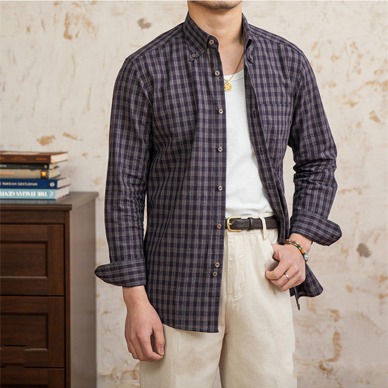 Chemise Vintage à Carreaux en Coton et Lin à Manches Longues pour Homme