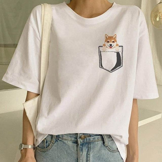 T-shirt col rond femme motif chien Shiba Inu - Droxev