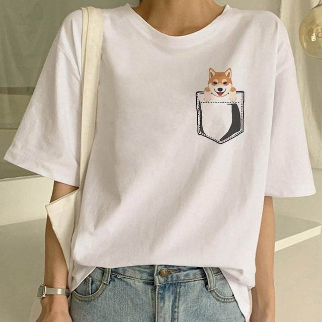 T-shirt col rond femme motif chien Shiba Inu - Droxev