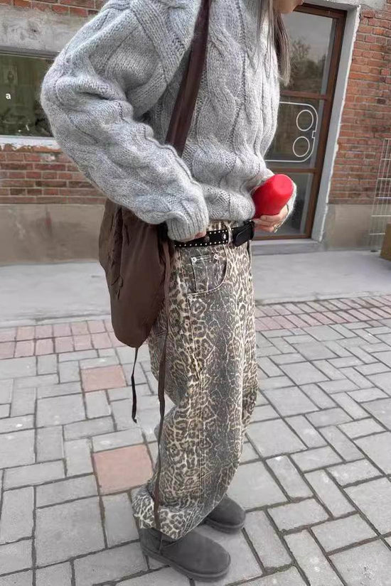 Pantalon large en denim imprimé délavé et vieilli pour femme - Droxev