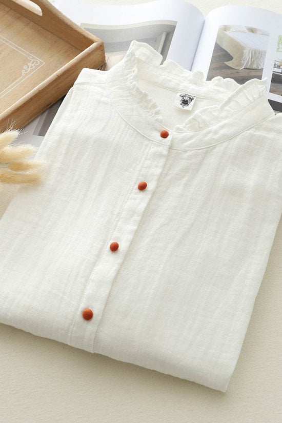Chemise blanche à manches longues en fil de coton double épaisseur - Droxev