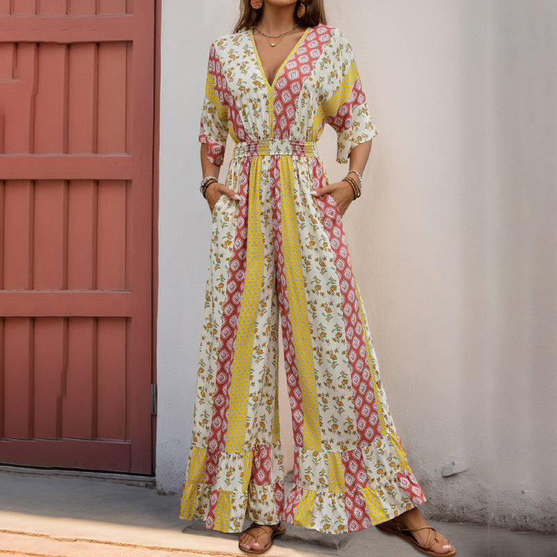 Pantalon une pièce taille haute imprimé style bohème rétro pour femme
