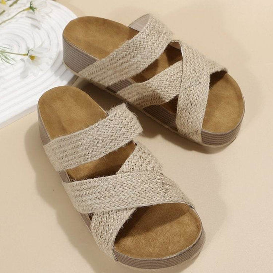 Sandales d'été à plateforme pour femmes, chaussures de plage plates, à brides croisées tissées - Droxev
