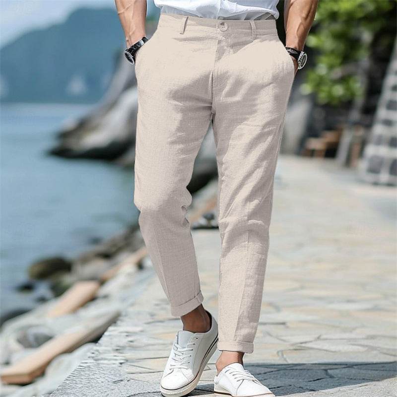 Pantalon d'été en lin pour homme, coupe droite, boutonné sur le devant, poches obliques - Droxev
