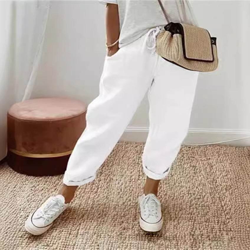 Pantalon court décontracté en coton et lin à taille élastique pour femme - Droxev