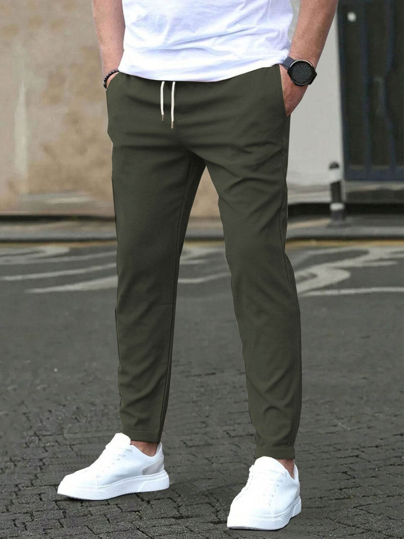 Pantalon court décontracté coupe slim avec étiquette en cuir, couleur unie - Droxev