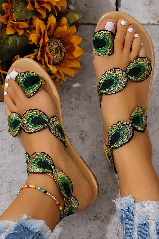 Sandales plates à motif paon brodé, chaussures de plage décontractées à clip pour femmes, pour les vacances d'été - Droxev