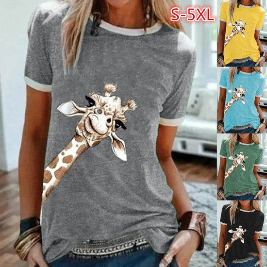 T-shirt ras du cou à manches courtes et imprimé girafe, couleur unie, tendance européenne et américaine - Droxev