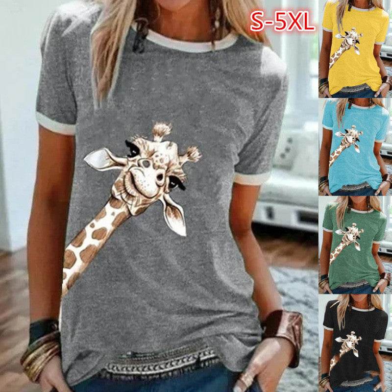 T-shirt ras du cou à manches courtes et imprimé girafe, couleur unie, tendance européenne et américaine - Droxev