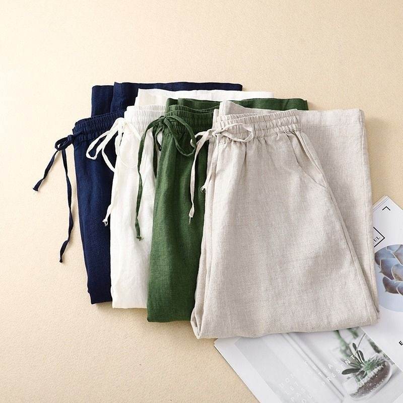 Pantalon large court rétro en coton et lin pour femme - Droxev