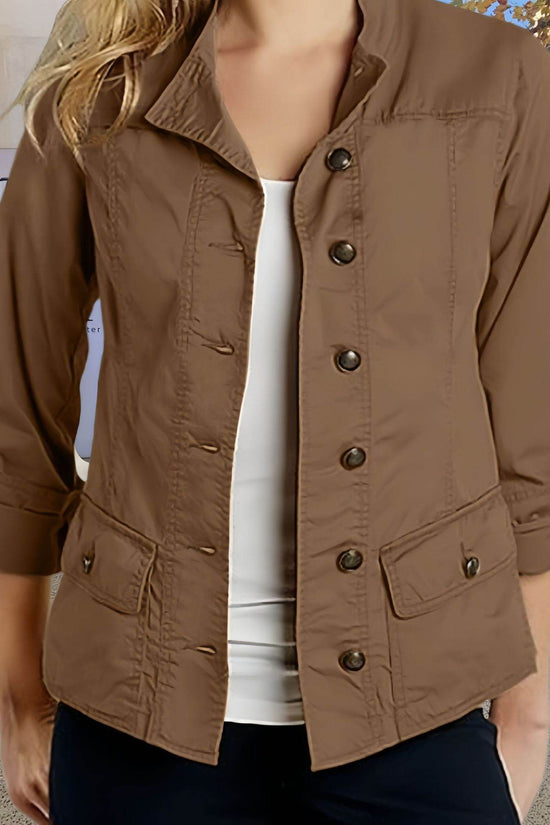 Veste décontractée à simple boutonnage et manches retroussables de couleur unie - Droxev