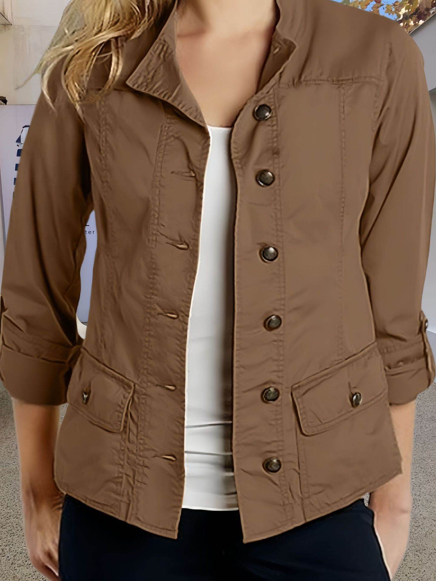 Veste décontractée à simple boutonnage et manches retroussables de couleur unie - Droxev