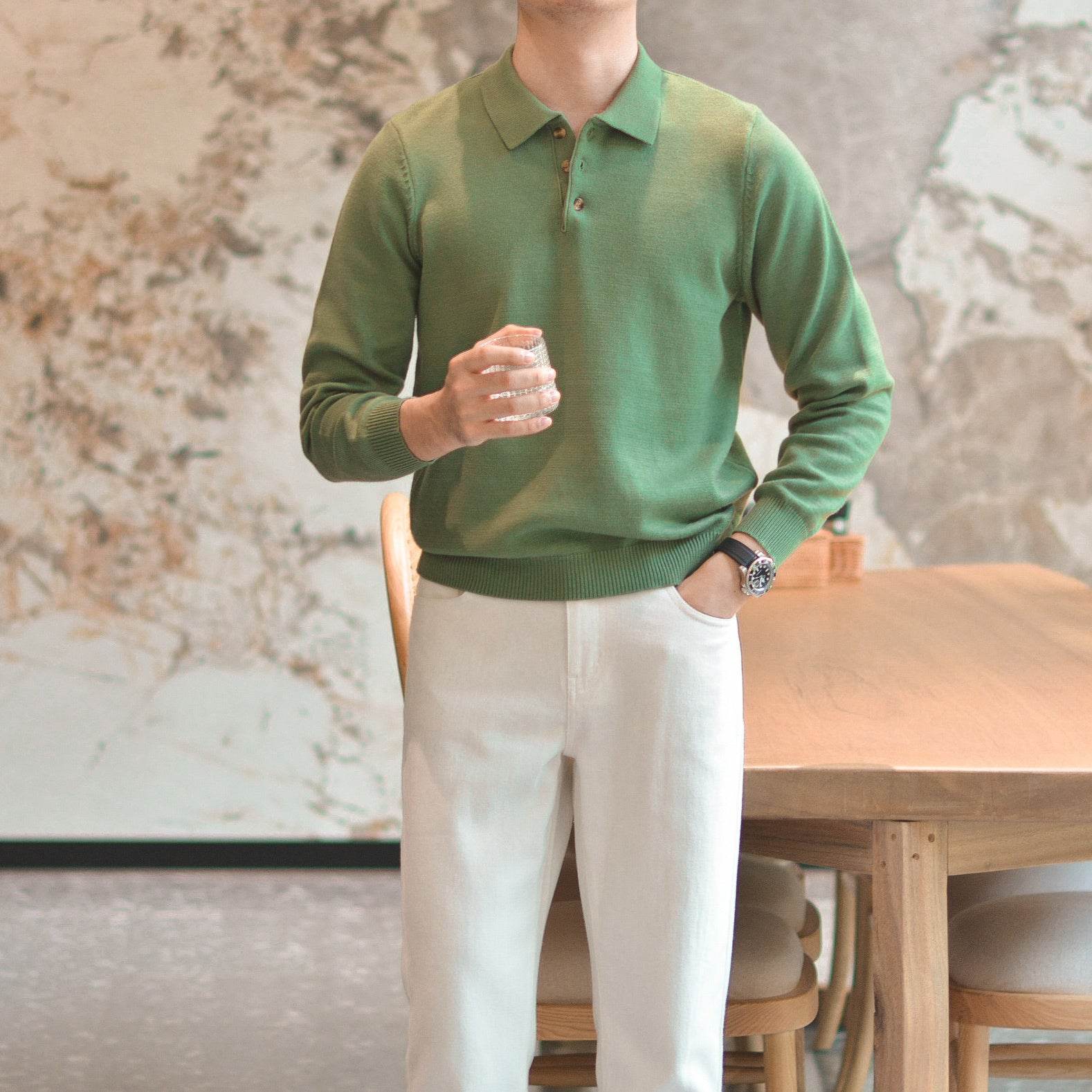 Chemise en tricot à revers vintage vert menthe pour hommes - Droxev