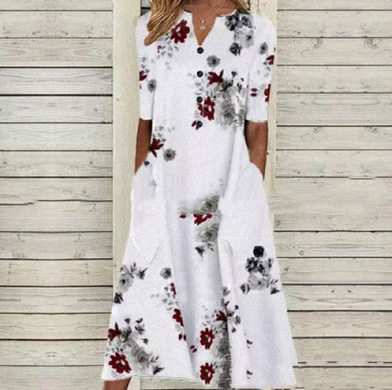 Robe longue décontractée ample à col en V et poches imprimées pour femme - Droxev