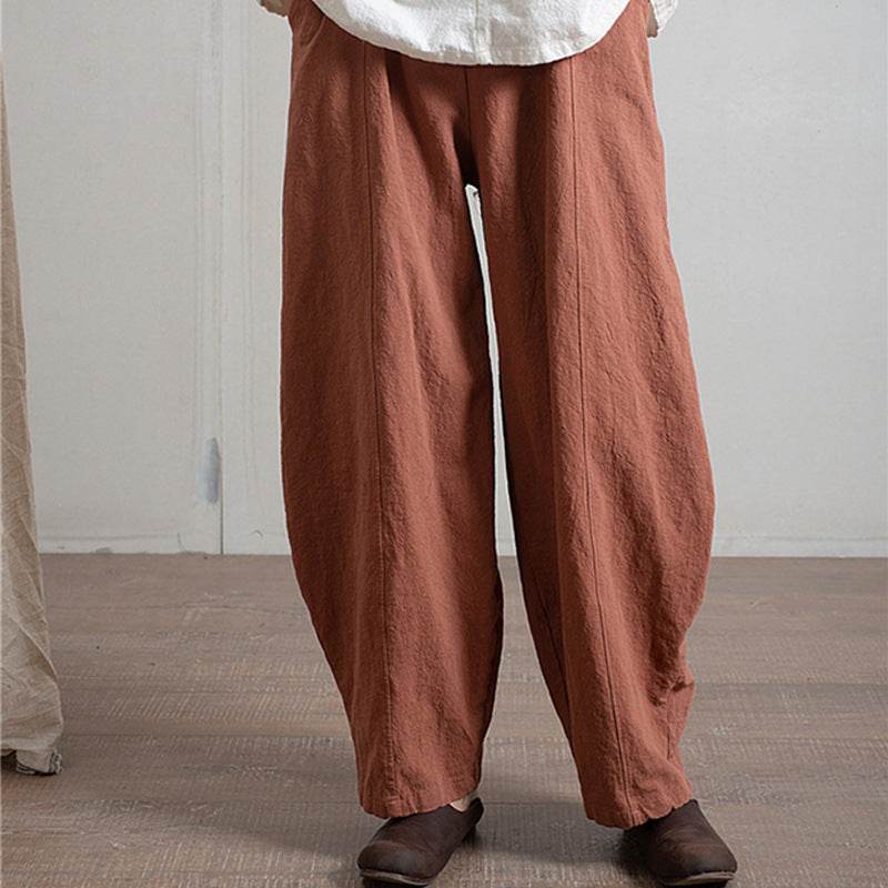 Pantalon sarouel large en coton et lin pour femme, simple et décontracté, taille élastique - Droxev