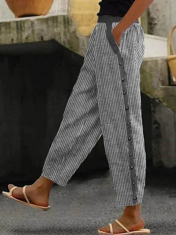 Pantalon décontracté en lin imprimé exquis - Droxev