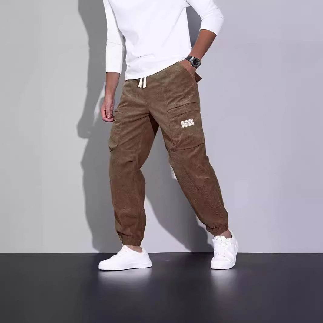 Salopette en velours côtelé pour homme, pantalon ample décontracté à nouer à la cheville, multi-poches - Droxev