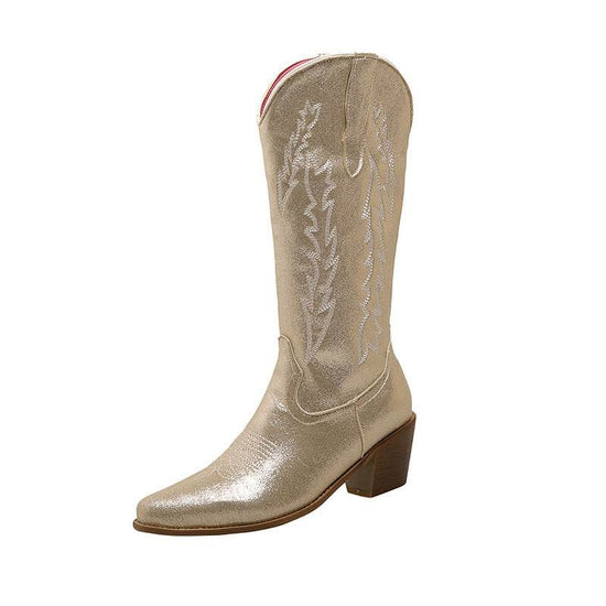Bottes chevalier pointues fluorescentes mi-mollet pour femmes, chaussures à talons épais - Droxev