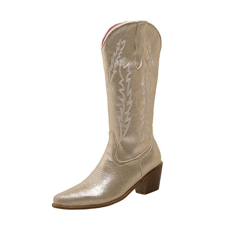 Bottes chevalier pointues fluorescentes mi-mollet pour femmes, chaussures à talons épais - Droxev