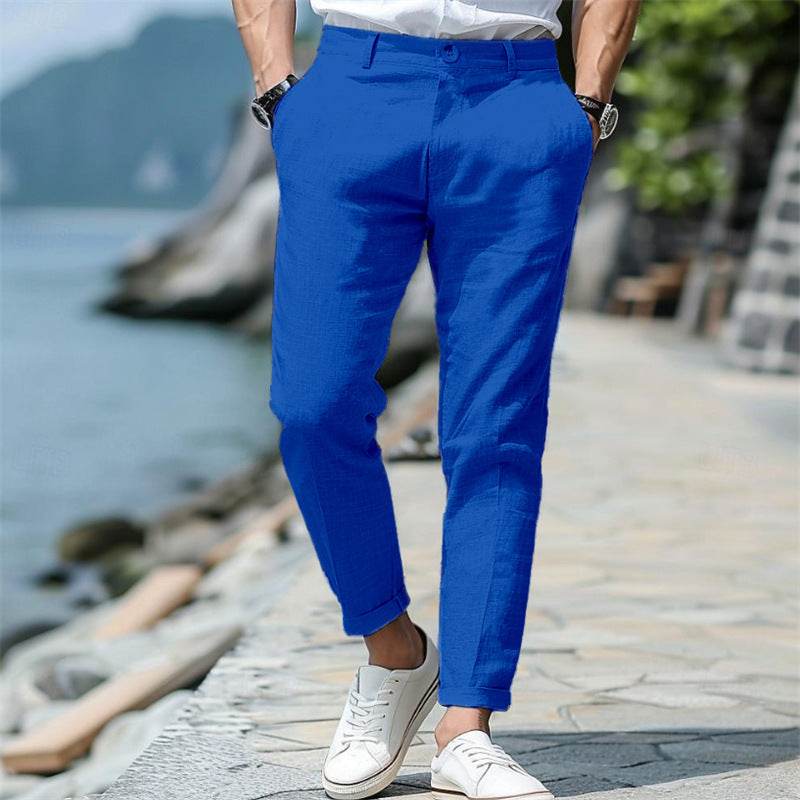 Pantalon d'été en lin pour homme, coupe droite, boutonné sur le devant, poches obliques - Droxev