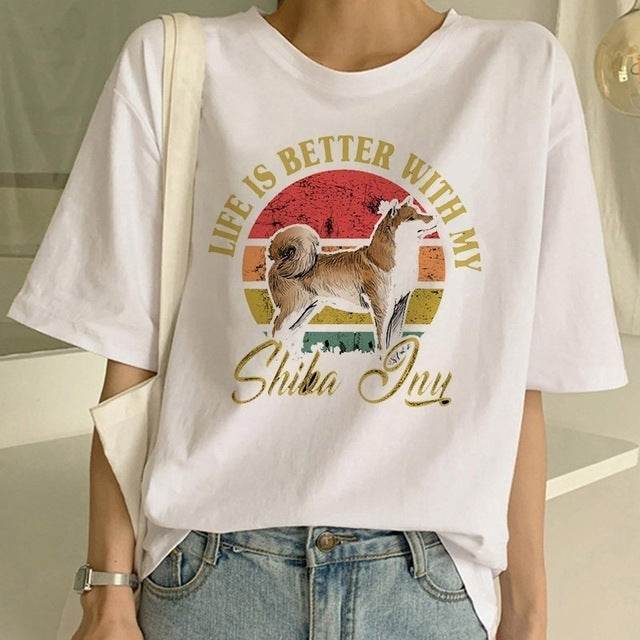 T-shirt col rond femme motif chien Shiba Inu - Droxev