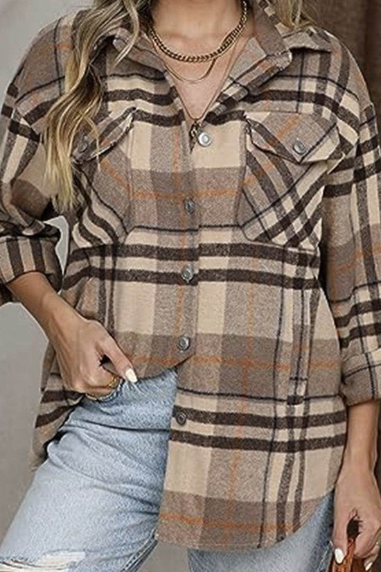 Veste décontractée à carreaux et manches longues pour femme, chemise ample d'hiver - Droxev
