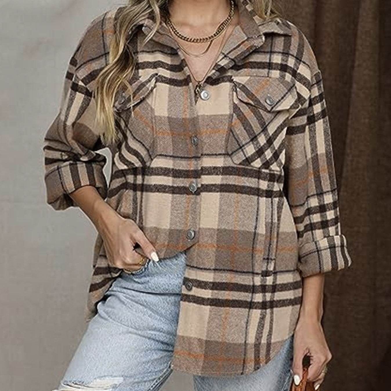 Veste décontractée à carreaux et manches longues pour femme, chemise ample d'hiver - Droxev
